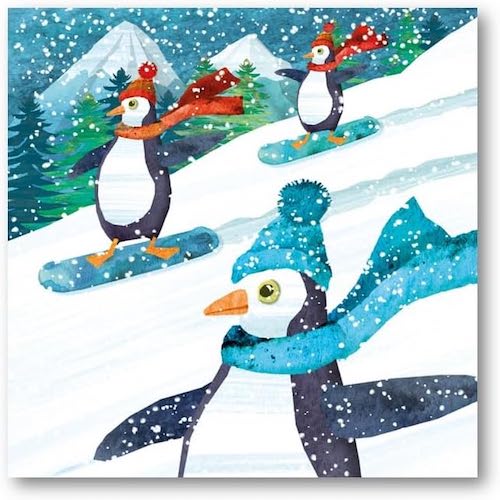 Charity Christmas Cards - Pack of 8 by Maria Burns - Penguins Snowboarding
