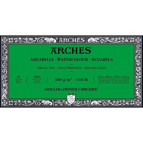 ARCHES AQUARELLE WATERCOLOUR BLOCK  300gsm/140lb -15 x 30cm - Cold Pressed