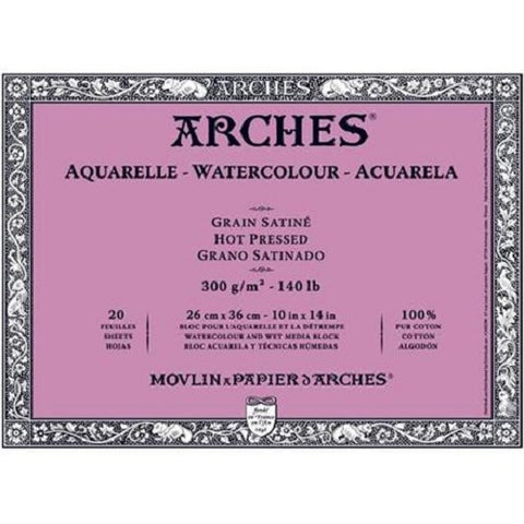 ARCHES AQUARELLE WATERCOLOUR BLOCK  300gsm/140lb -26 x 36cm - Hot Pressed