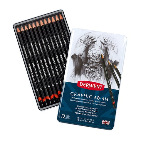 DERWENT GRAPHIC PENCILS- Tin of 12 Pencils- MEDIUM (6B-4H)