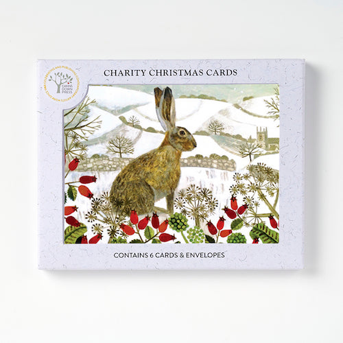 Canns Down Pack of 6 Charity Christmas Cards by Vanessa Bowman - Seated Hare in the Snow